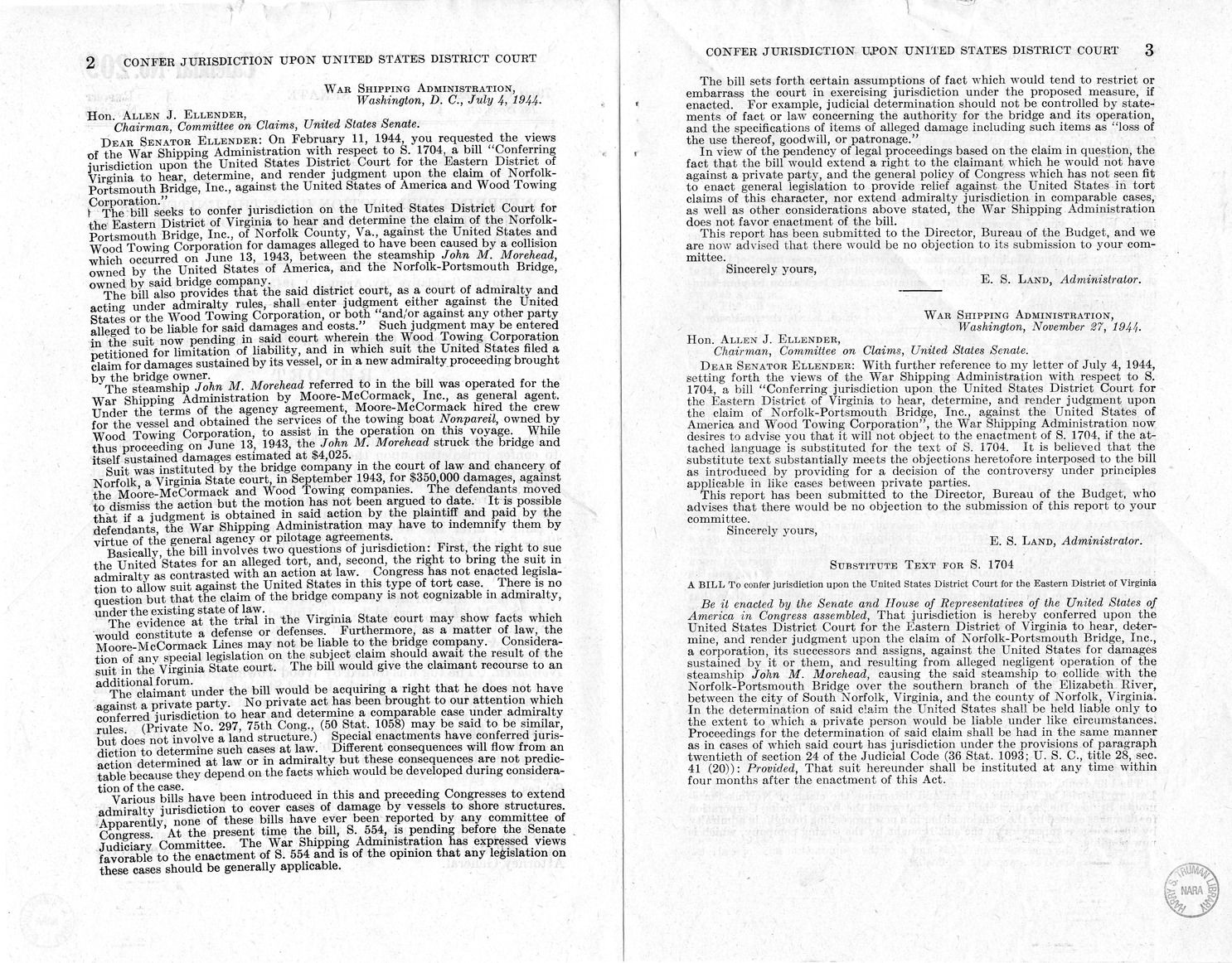 Memorandum from Harold D. Smith to M. C. Latta, H.R. 1599, To Confer Jurisdiction Upon the United States District Court for the Eastern District of Virginia to Hear, Determine, and Render Judgement Upon the Claim of Norfolk-Portsmouth Bridge, Incorporated