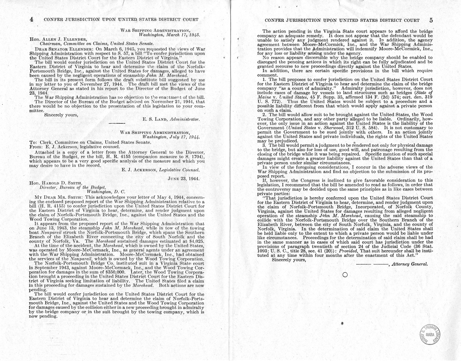 Memorandum from Harold D. Smith to M. C. Latta, H.R. 1599, To Confer Jurisdiction Upon the United States District Court for the Eastern District of Virginia to Hear, Determine, and Render Judgement Upon the Claim of Norfolk-Portsmouth Bridge, Incorporated