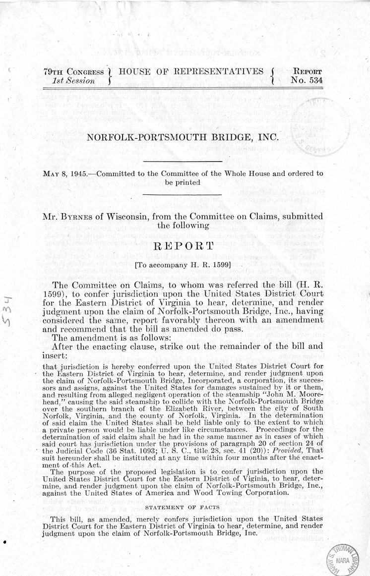 Memorandum from Harold D. Smith to M. C. Latta, H.R. 1599, To Confer Jurisdiction Upon the United States District Court for the Eastern District of Virginia to Hear, Determine, and Render Judgement Upon the Claim of Norfolk-Portsmouth Bridge, Incorporated