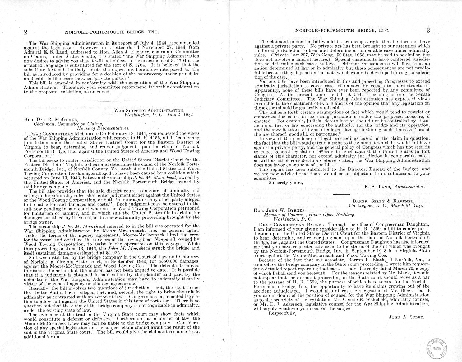 Memorandum from Harold D. Smith to M. C. Latta, H.R. 1599, To Confer Jurisdiction Upon the United States District Court for the Eastern District of Virginia to Hear, Determine, and Render Judgement Upon the Claim of Norfolk-Portsmouth Bridge, Incorporated