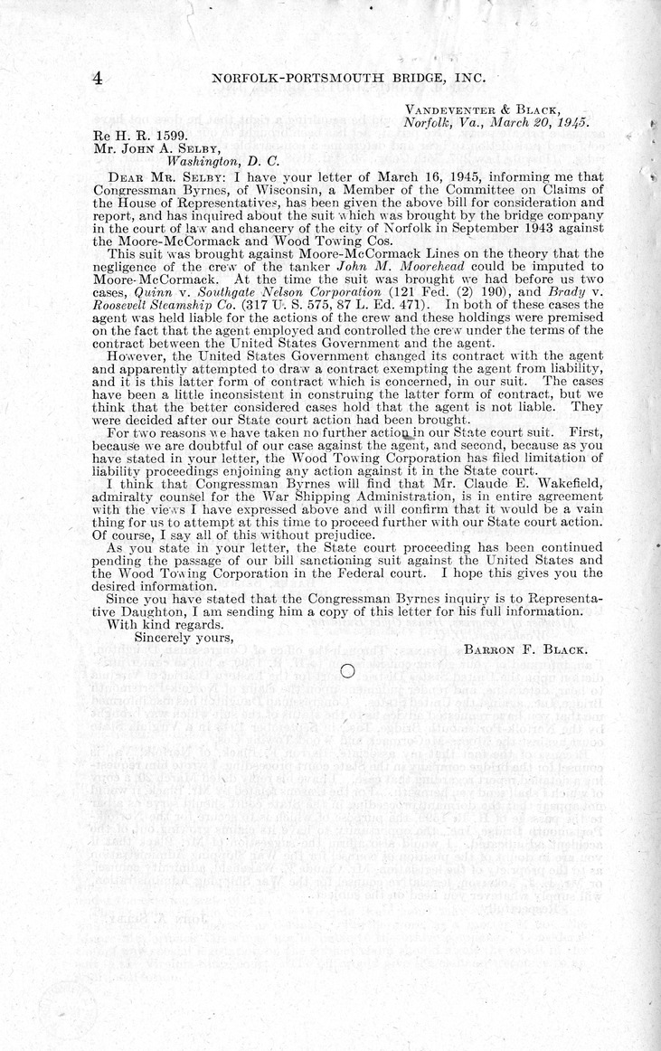 Memorandum from Harold D. Smith to M. C. Latta, H.R. 1599, To Confer Jurisdiction Upon the United States District Court for the Eastern District of Virginia to Hear, Determine, and Render Judgement Upon the Claim of Norfolk-Portsmouth Bridge, Incorporated