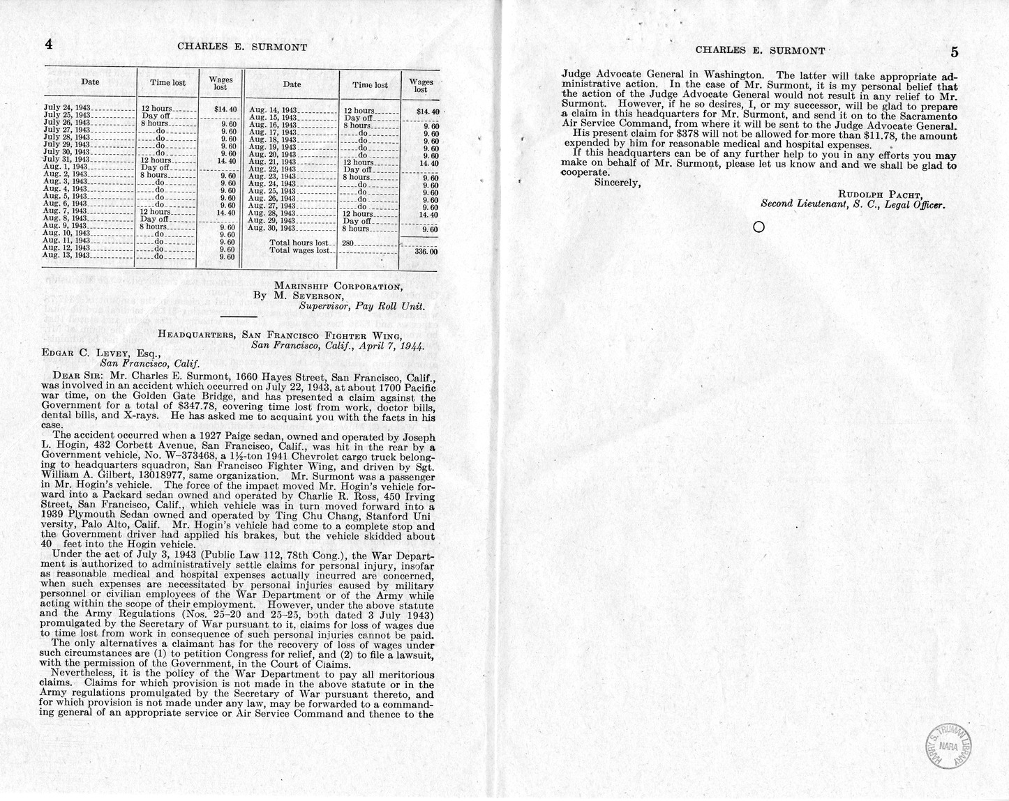 Memorandum from Frederick J. Bailey to M. C. Latta, H.R. 1611, for the Relief of Charles E. Surmont, with Attachments