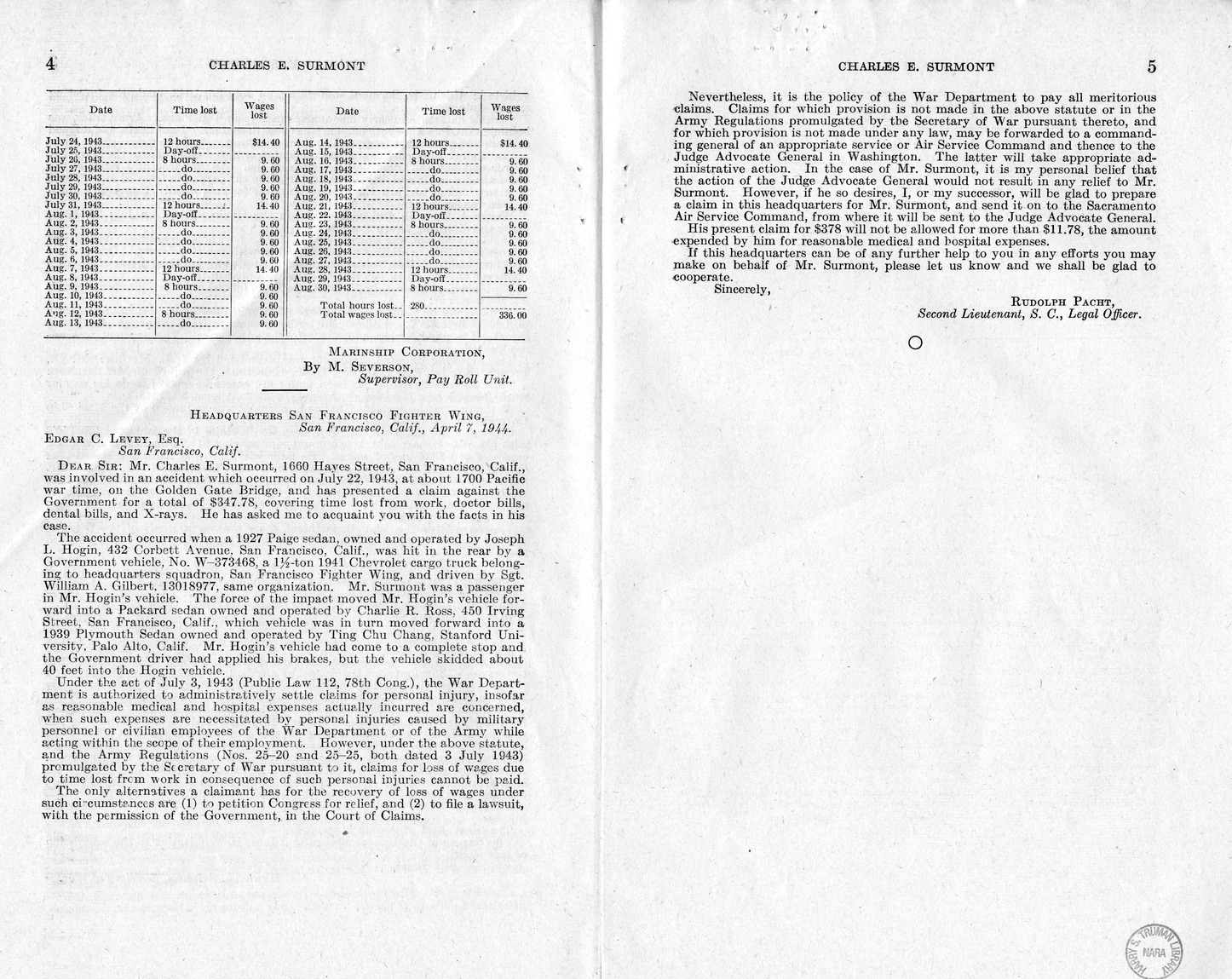 Memorandum from Frederick J. Bailey to M. C. Latta, H.R. 1611, for the Relief of Charles E. Surmont, with Attachments