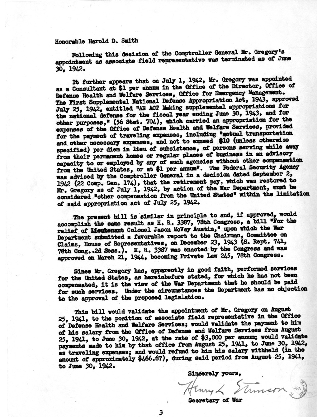 Memorandum from Frederick J. Bailey to M. C. Latta, H.R. 1617, For the Relief of Hugh M. Gregory, with Attachments