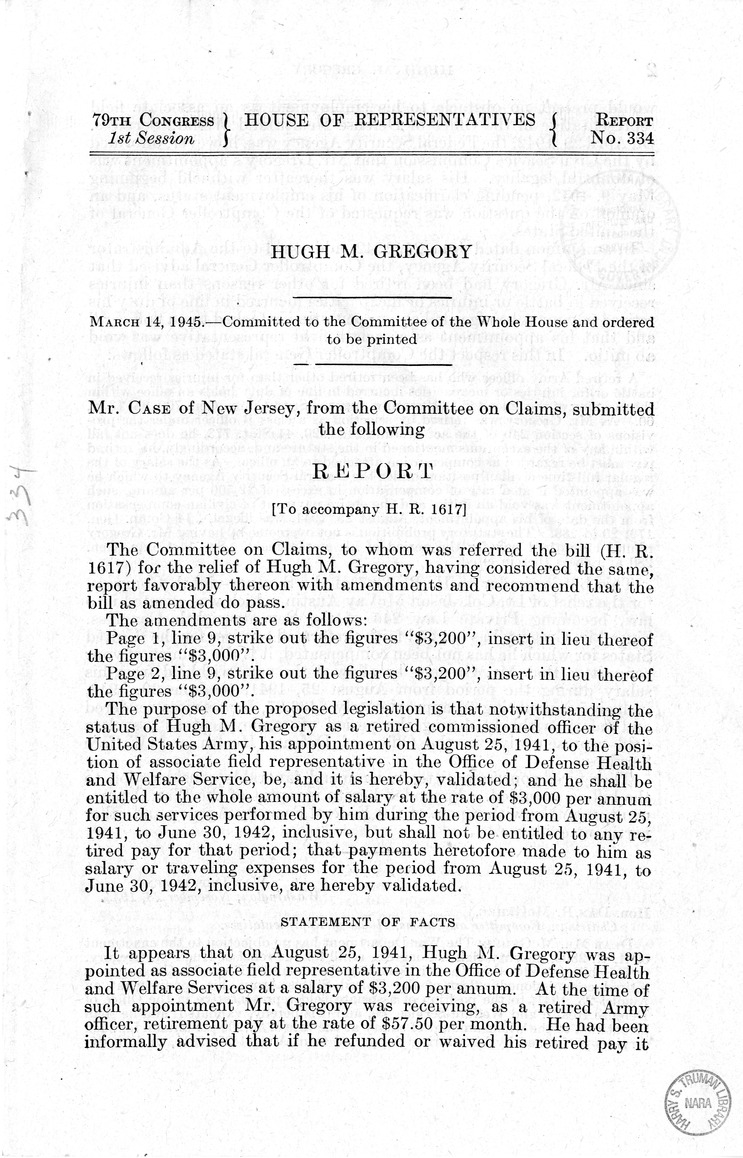 Memorandum from Frederick J. Bailey to M. C. Latta, H.R. 1617, For the Relief of Hugh M. Gregory, with Attachments