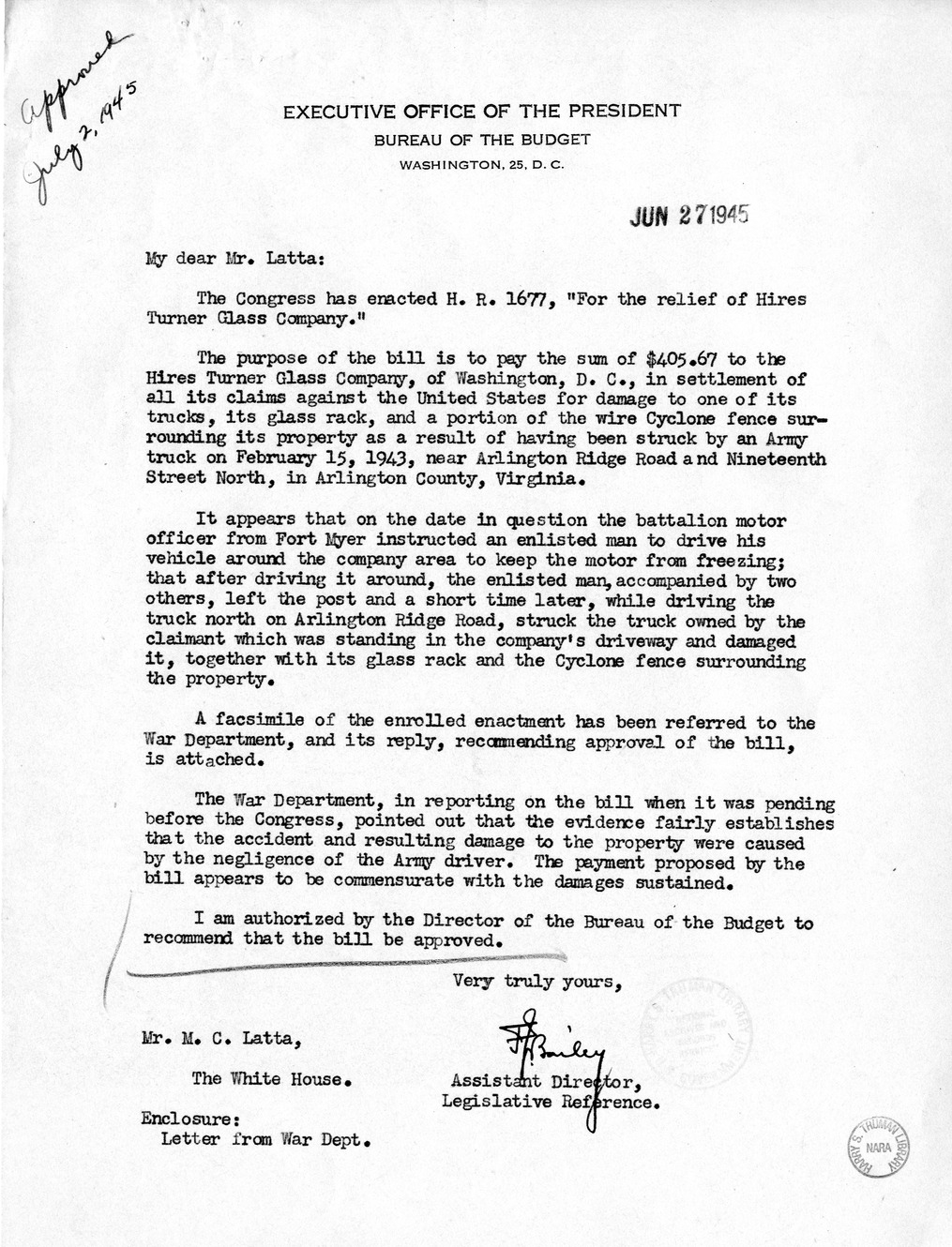 Memorandum from Frederick J. Bailey to M. C. Latta, H.R. 1677, For the Relief of Hires Turner Glass Company, with Attachments