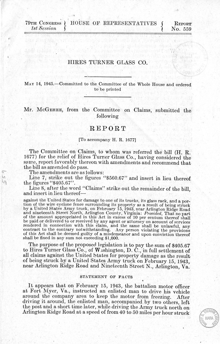 Memorandum from Frederick J. Bailey to M. C. Latta, H.R. 1677, For the Relief of Hires Turner Glass Company, with Attachments