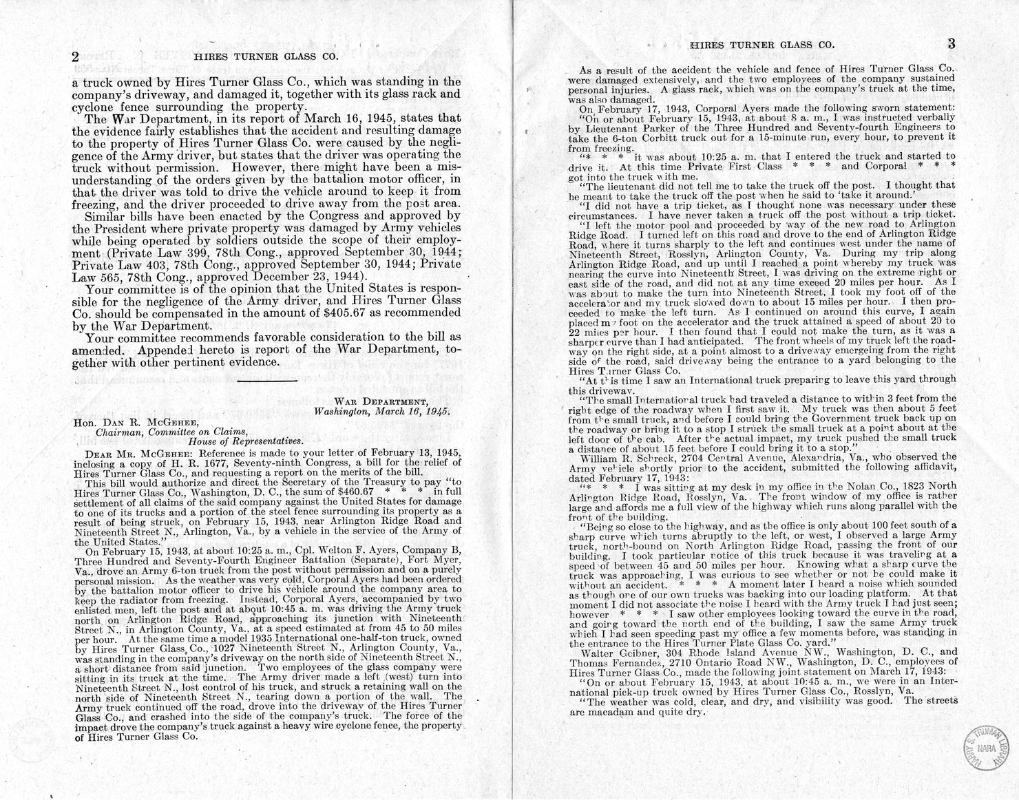 Memorandum from Frederick J. Bailey to M. C. Latta, H.R. 1677, For the Relief of Hires Turner Glass Company, with Attachments