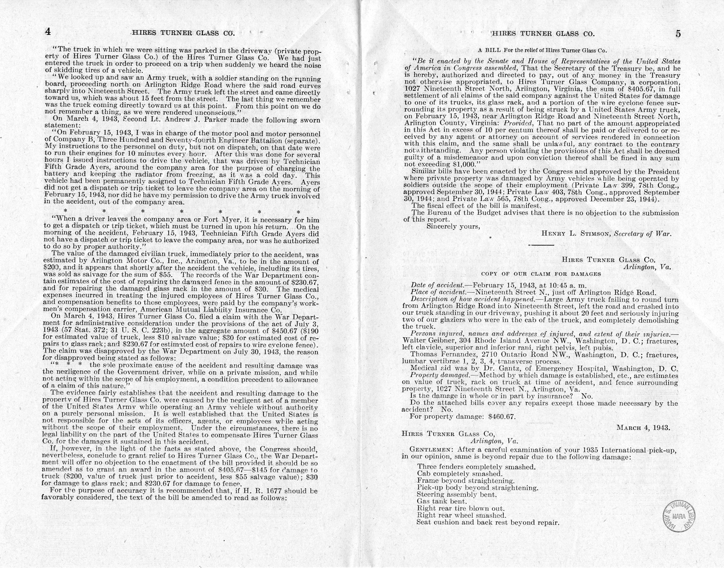 Memorandum from Frederick J. Bailey to M. C. Latta, H.R. 1677, For the Relief of Hires Turner Glass Company, with Attachments