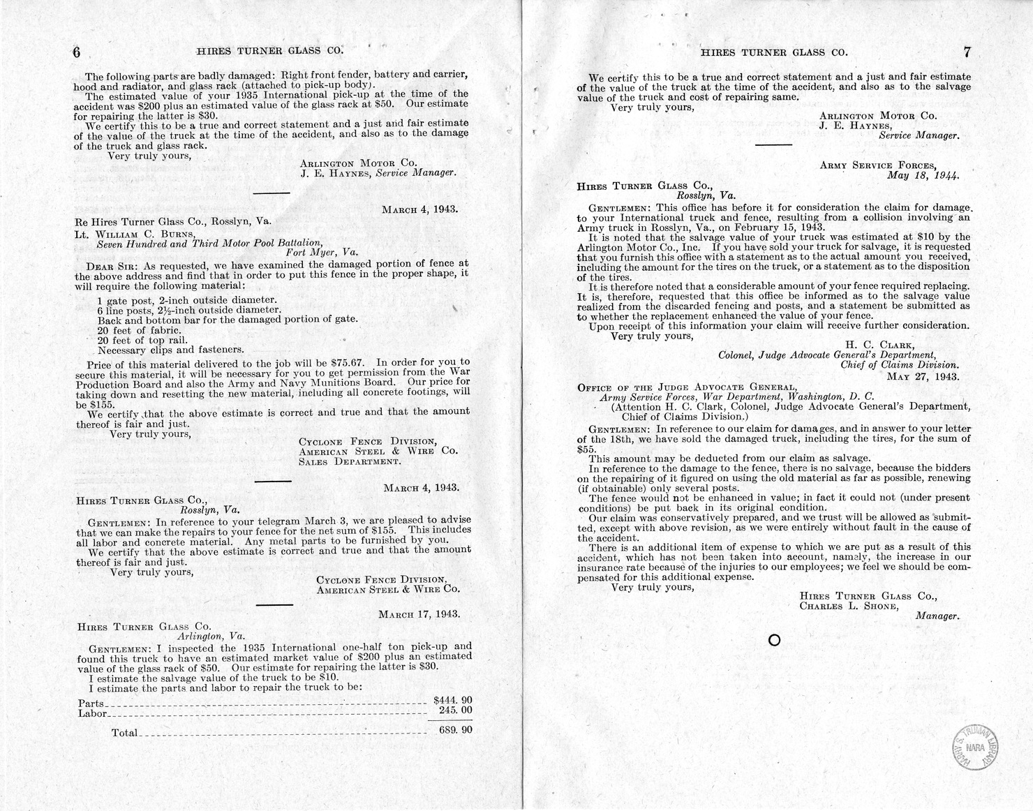 Memorandum from Frederick J. Bailey to M. C. Latta, H.R. 1677, For the Relief of Hires Turner Glass Company, with Attachments