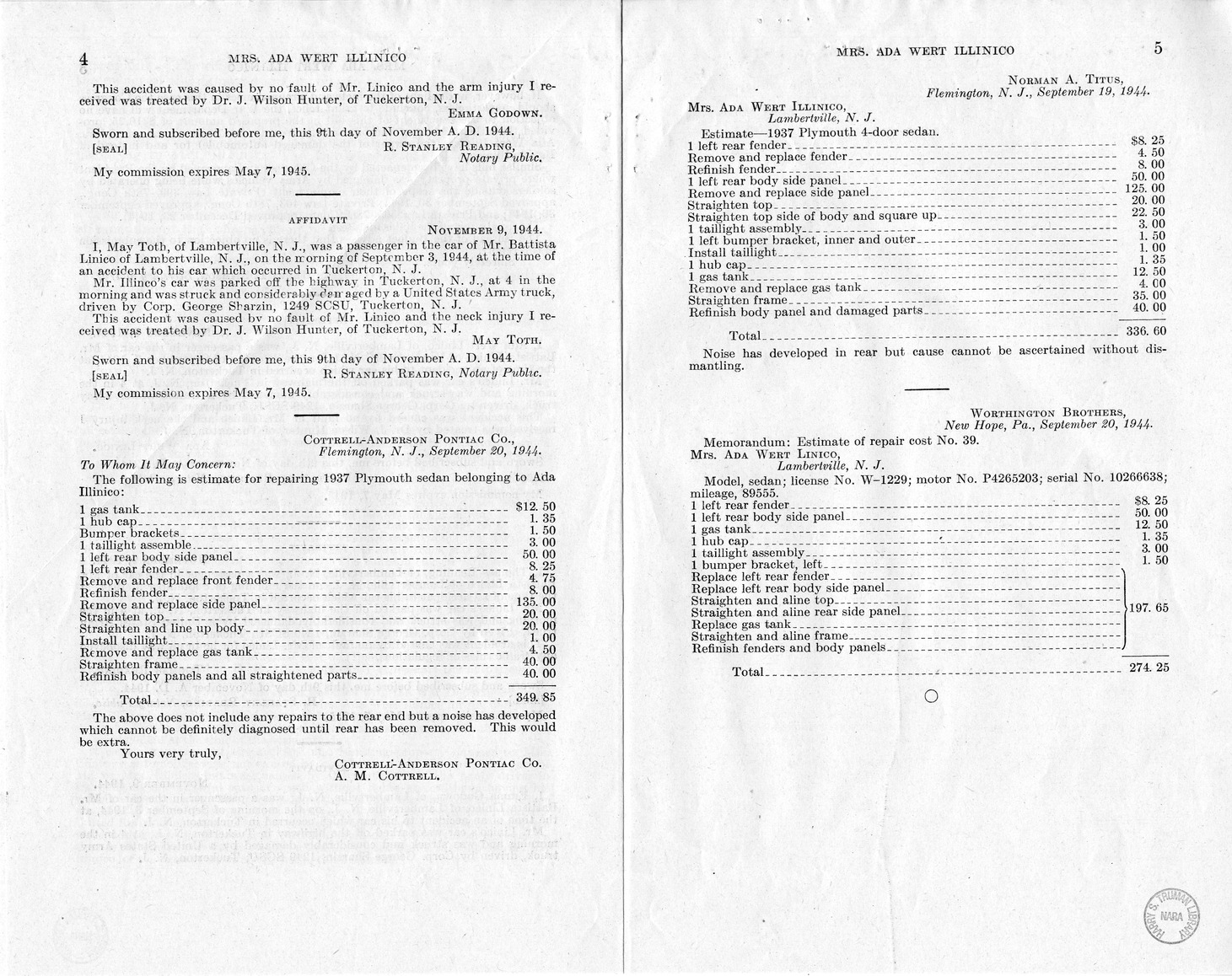 Memorandum from Frederick J. Bailey to M. C. Latta, H.R. 1678, For the Relief of Mrs. Ada Wert Illinico, with Attachments