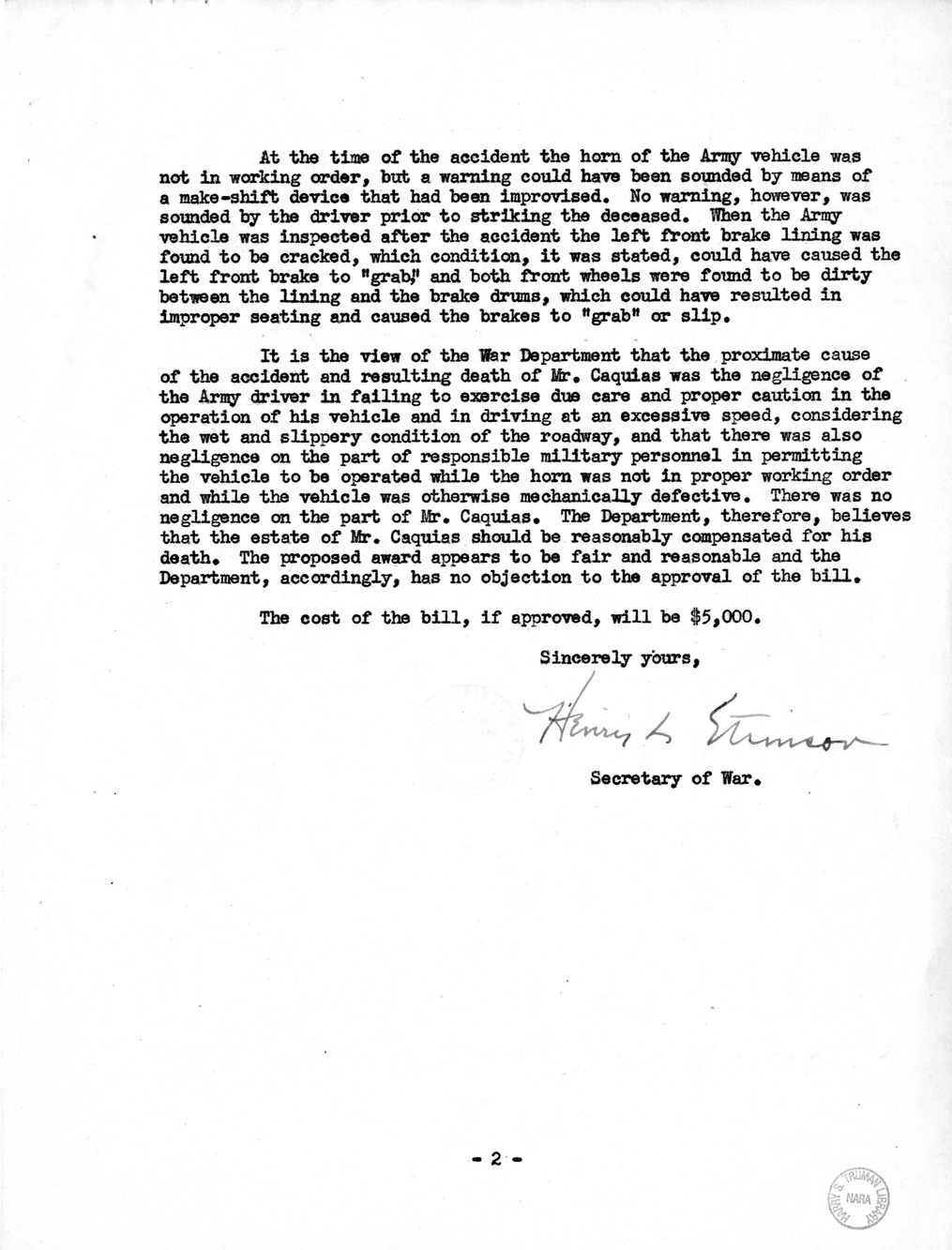 Memorandum from Frederick J. Bailey to M. C. Latta, H.R. 1756, For the Relief of the Estate of the Late Demetrio Caquias, with Attachments