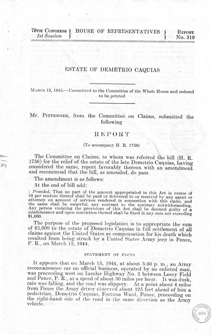 Memorandum from Frederick J. Bailey to M. C. Latta, H.R. 1756, For the Relief of the Estate of the Late Demetrio Caquias, with Attachments