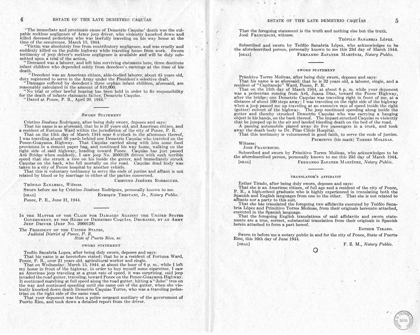 Memorandum from Frederick J. Bailey to M. C. Latta, H.R. 1756, For the Relief of the Estate of the Late Demetrio Caquias, with Attachments