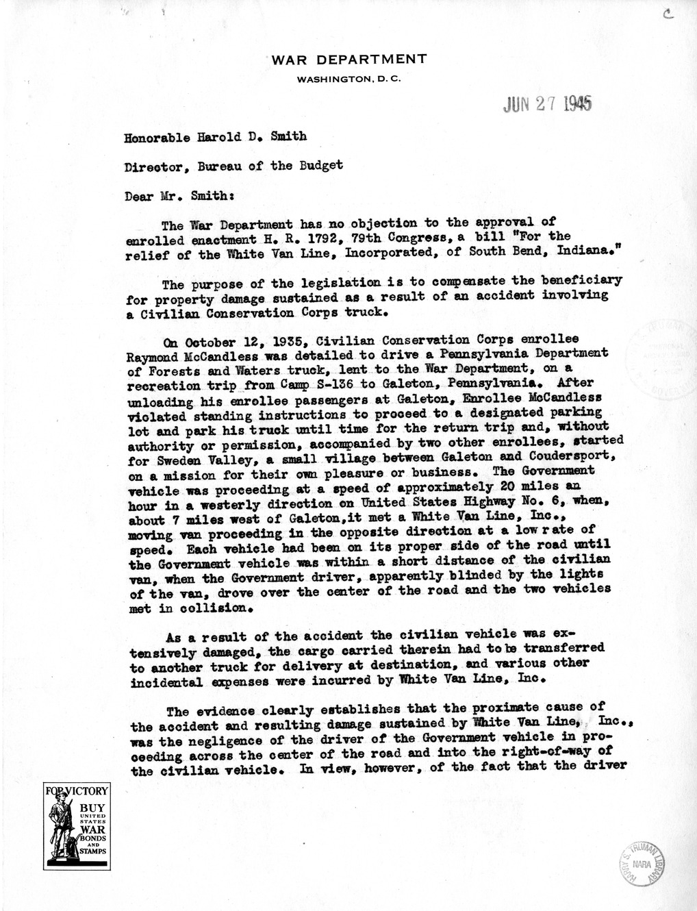 Memorandum from Frederick J. Bailey to M. C. Latta, H. R. 1792, for the Relief of the White Van Line, Incorporated, with Attachments