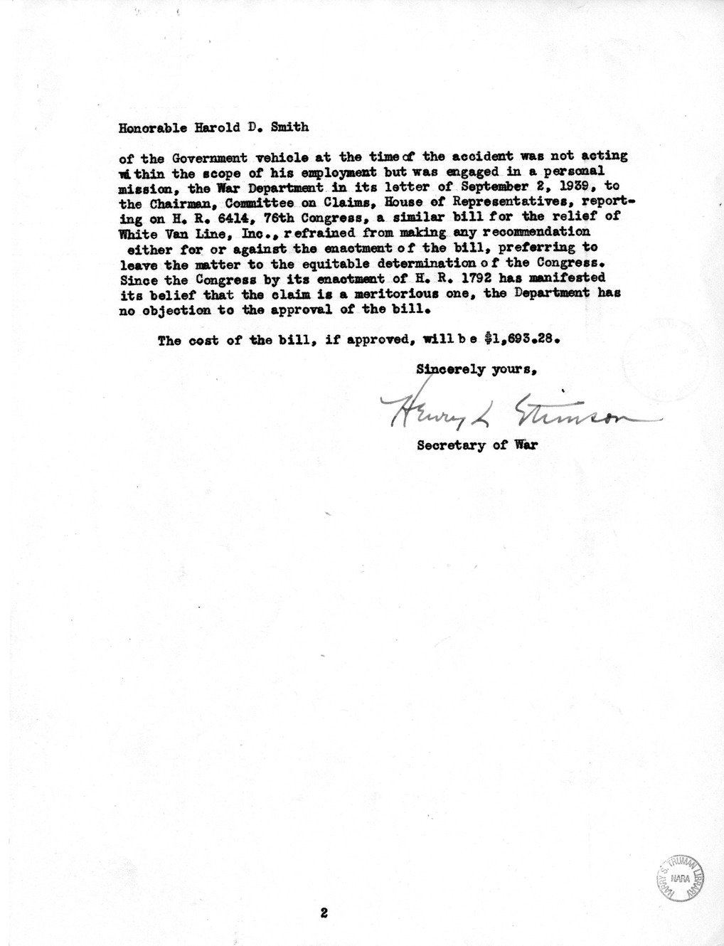 Memorandum from Frederick J. Bailey to M. C. Latta, H. R. 1792, for the Relief of the White Van Line, Incorporated, with Attachments