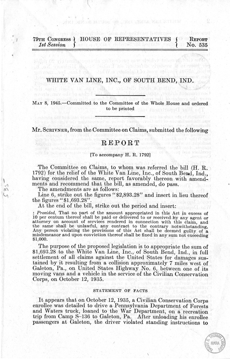 Memorandum from Frederick J. Bailey to M. C. Latta, H. R. 1792, for the Relief of the White Van Line, Incorporated, with Attachments