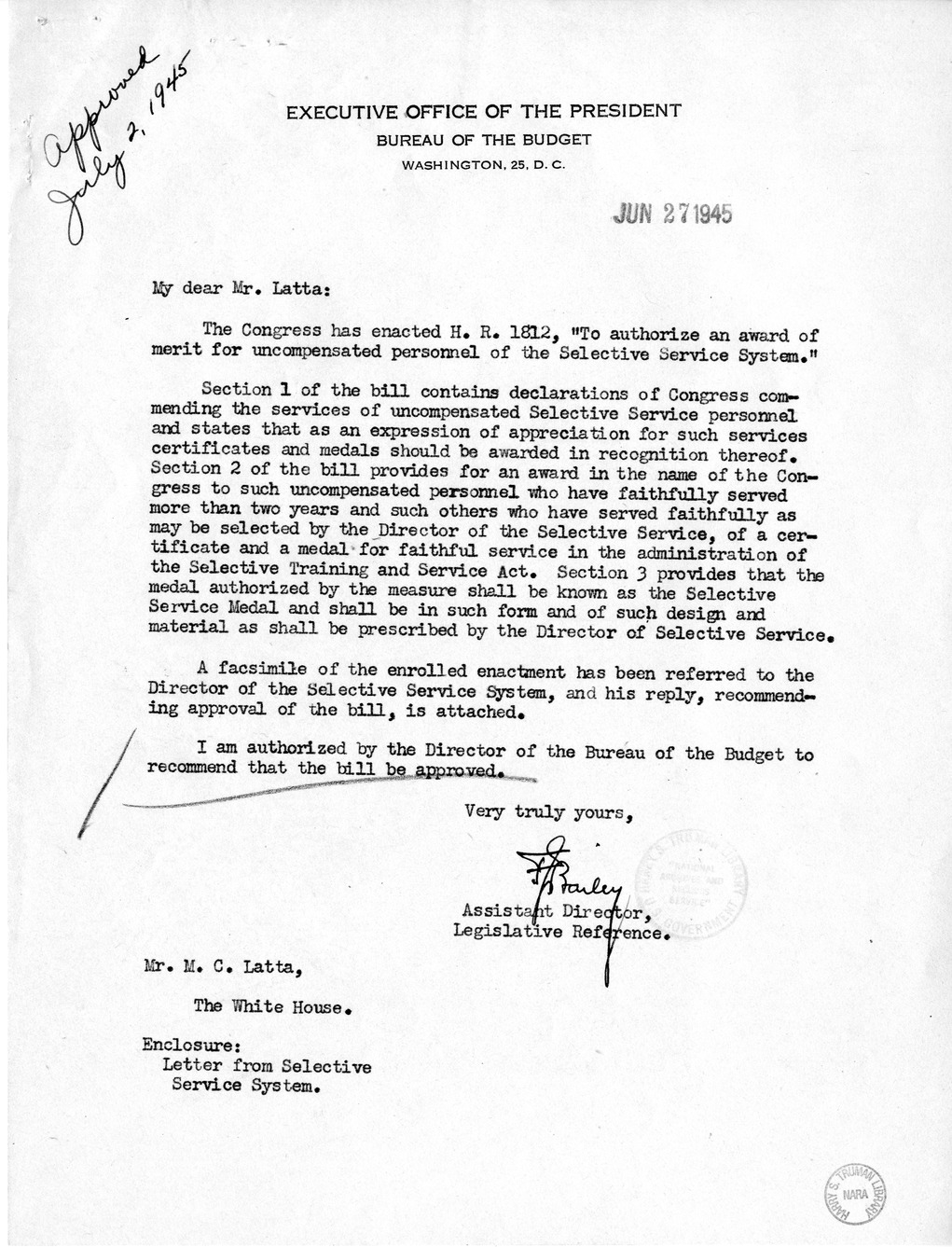 Memorandum from Frederick J. Bailey to M. C. Latta, H.R. 1812, To Authorize an Award of Merit for Uncompensated Personnel of the Selective Service System, with Attachments