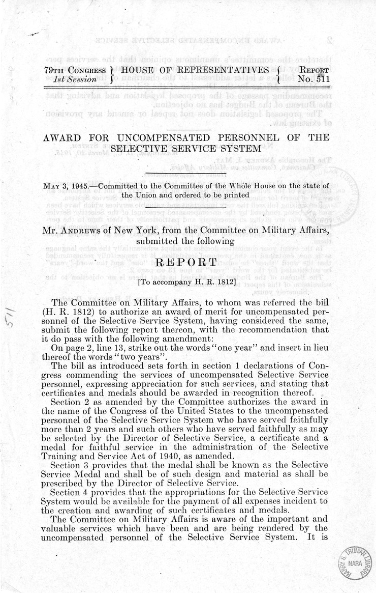 Memorandum from Frederick J. Bailey to M. C. Latta, H.R. 1812, To Authorize an Award of Merit for Uncompensated Personnel of the Selective Service System, with Attachments