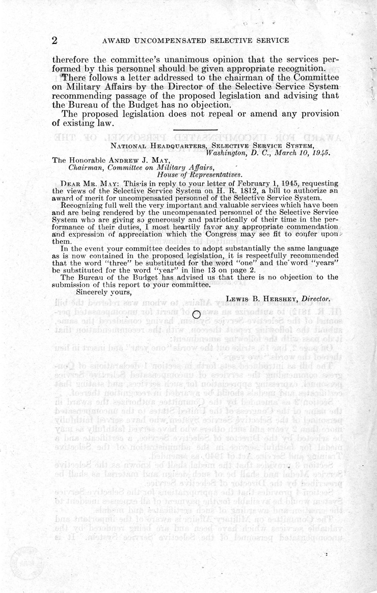 Memorandum from Frederick J. Bailey to M. C. Latta, H.R. 1812, To Authorize an Award of Merit for Uncompensated Personnel of the Selective Service System, with Attachments