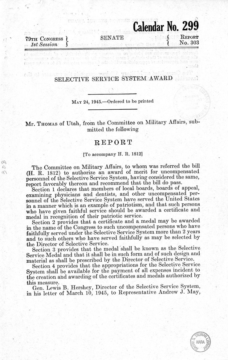 Memorandum from Frederick J. Bailey to M. C. Latta, H.R. 1812, To Authorize an Award of Merit for Uncompensated Personnel of the Selective Service System, with Attachments
