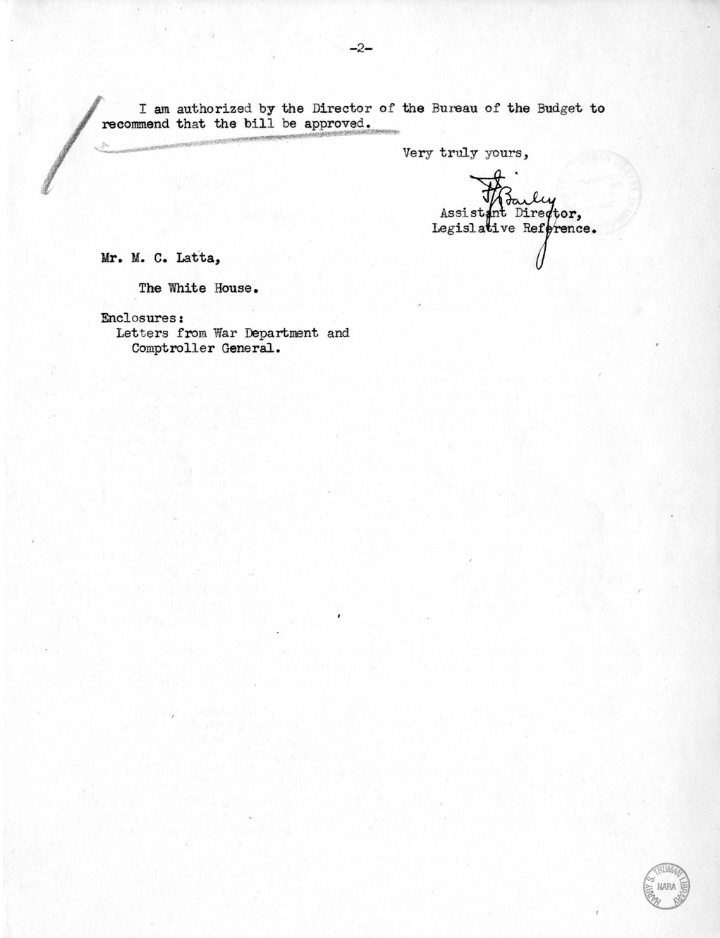 Memorandum from Frederick J. Bailey to M. C. Latta, H.R. 1891, For the Relief of the Grandview Hospital, with Attachments