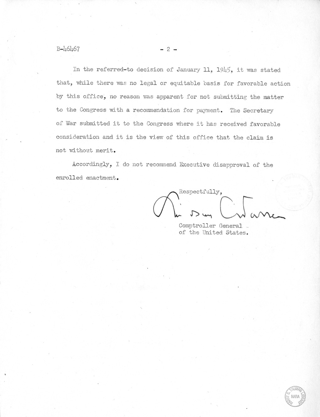 Memorandum from Frederick J. Bailey to M. C. Latta, H.R. 1891, For the Relief of the Grandview Hospital, with Attachments