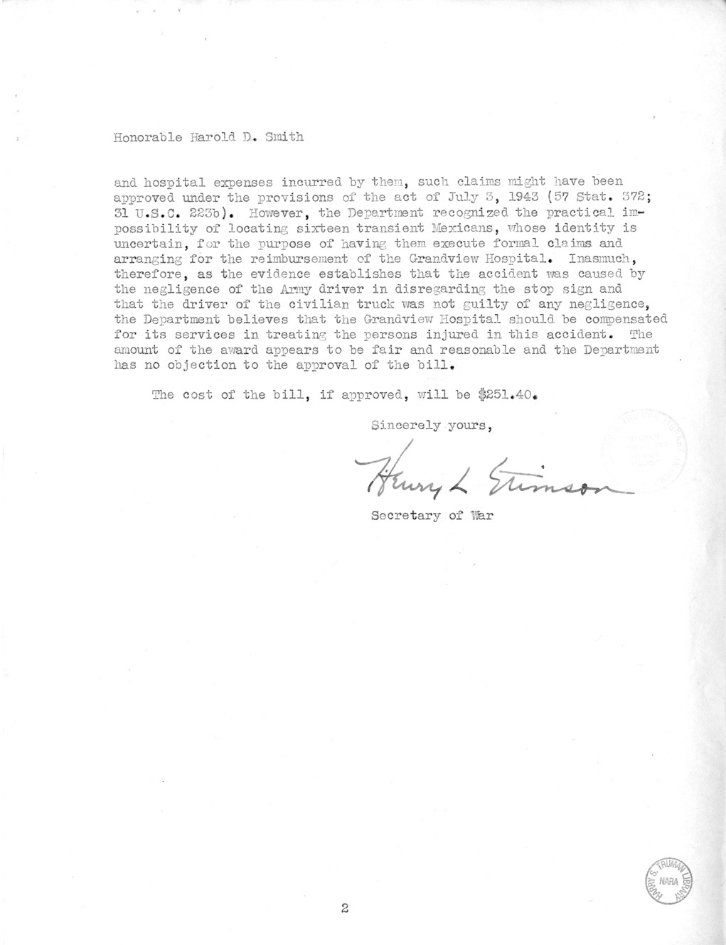 Memorandum from Frederick J. Bailey to M. C. Latta, H.R. 1891, For the Relief of the Grandview Hospital, with Attachments