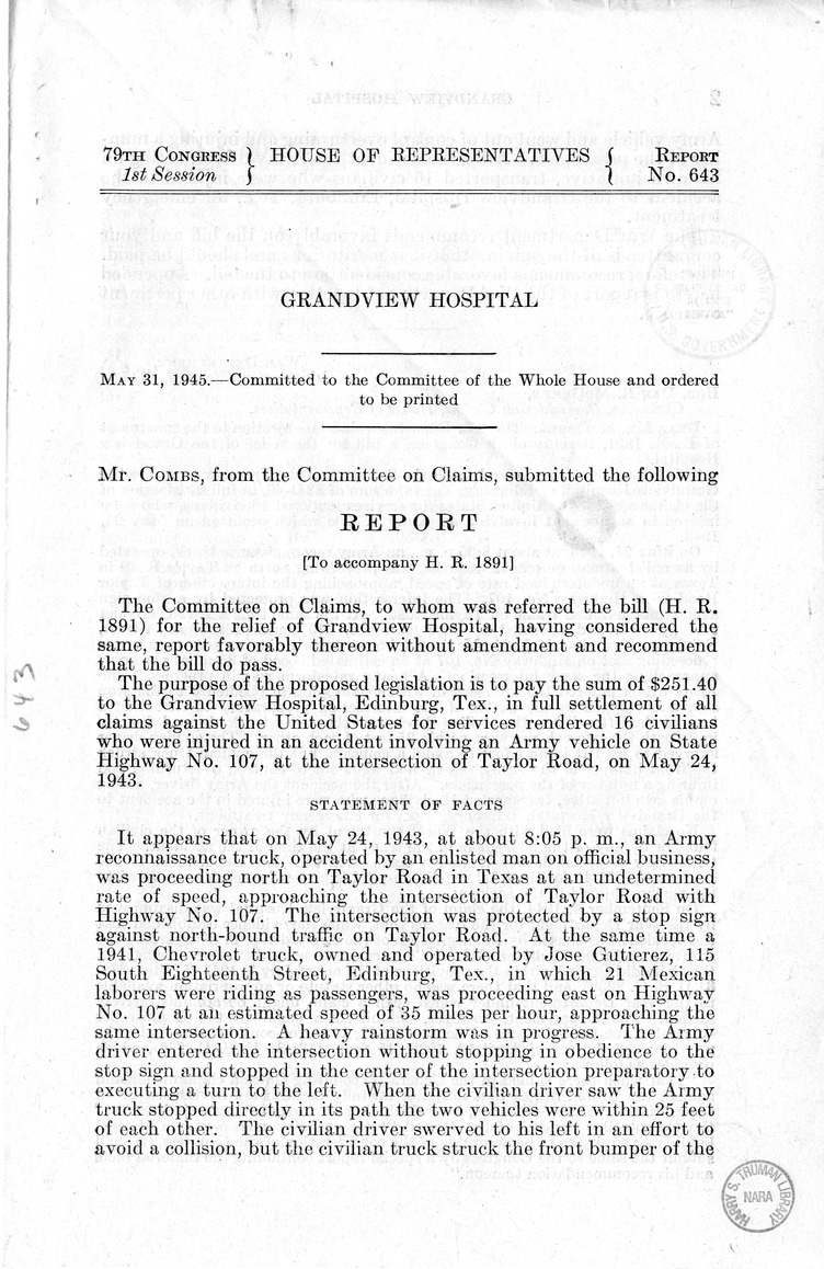 Memorandum from Frederick J. Bailey to M. C. Latta, H.R. 1891, For the Relief of the Grandview Hospital, with Attachments