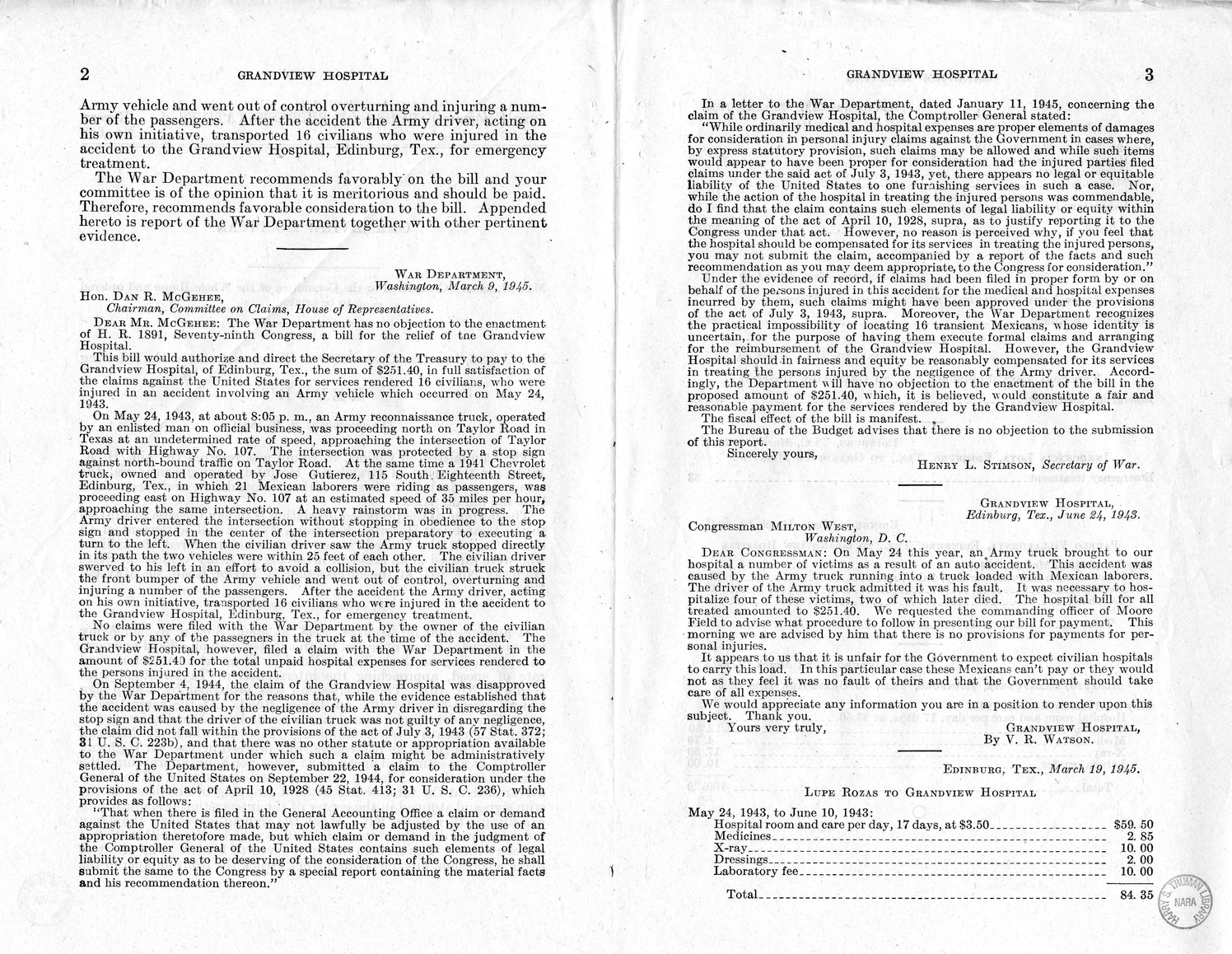 Memorandum from Frederick J. Bailey to M. C. Latta, H.R. 1891, For the Relief of the Grandview Hospital, with Attachments