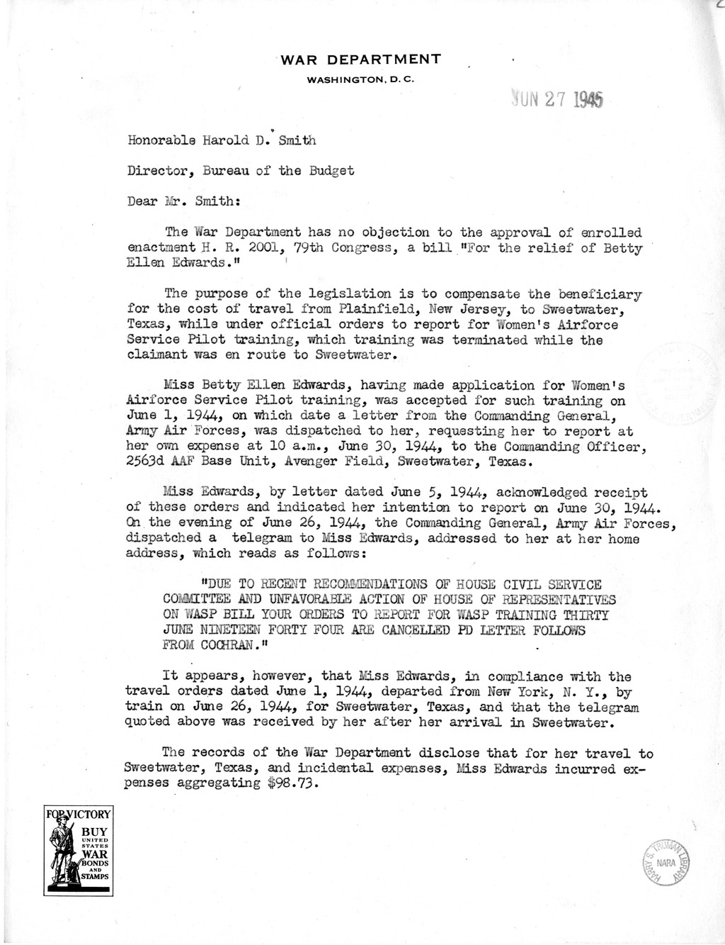 Memorandum from Frederick J. Bailey to M. C. Latta, H.R. 2001, for the Relief of Betty Ellen Edwards, with Attachments