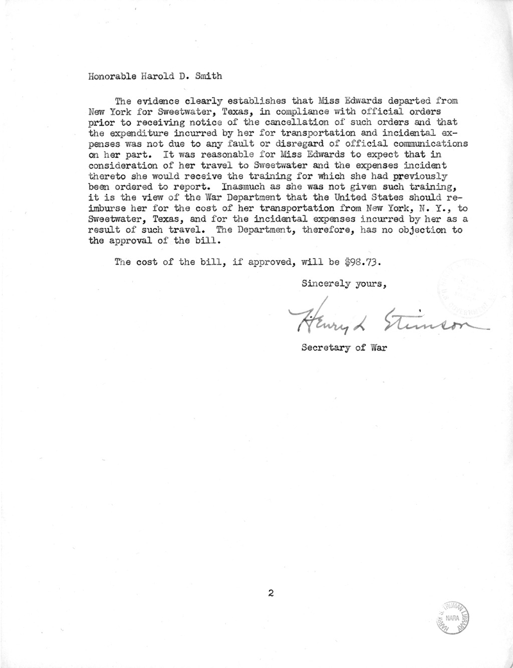 Memorandum from Frederick J. Bailey to M. C. Latta, H.R. 2001, for the Relief of Betty Ellen Edwards, with Attachments