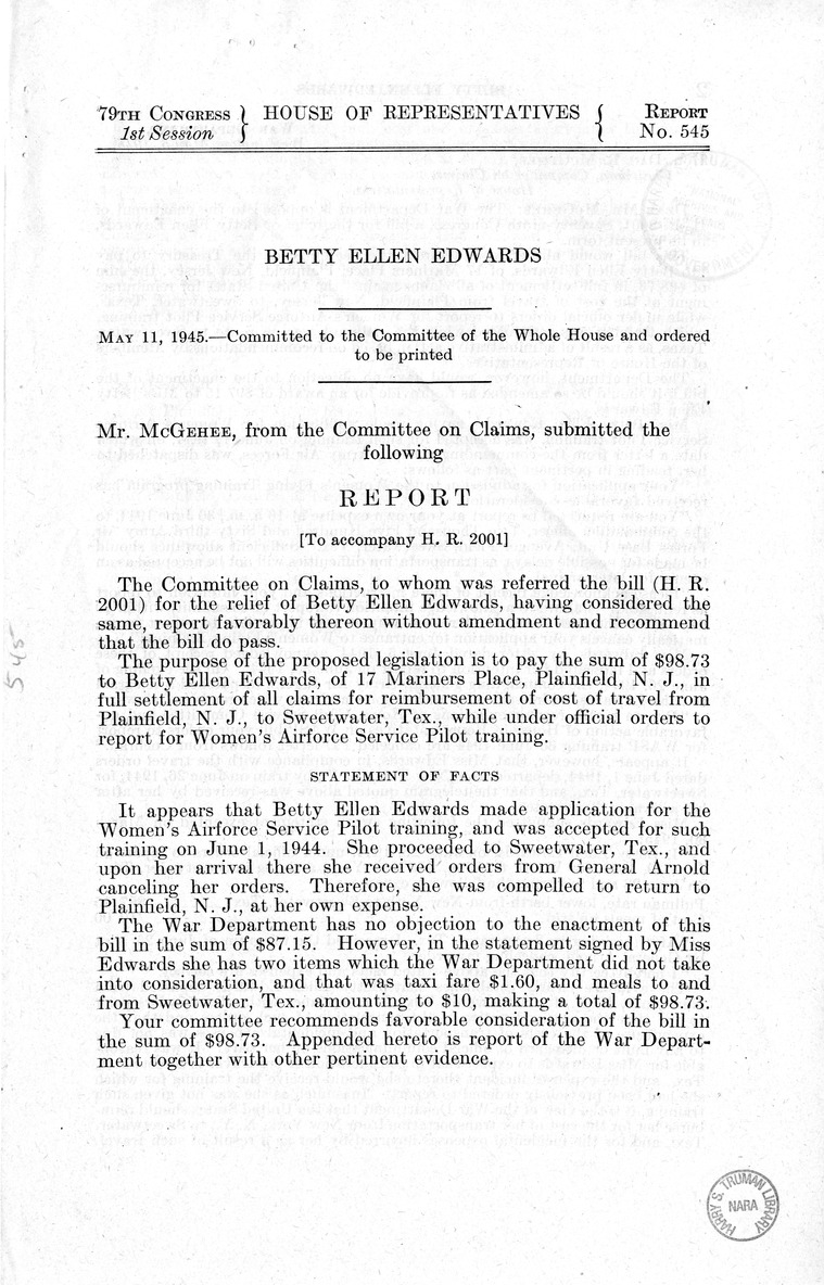 Memorandum from Frederick J. Bailey to M. C. Latta, H.R. 2001, for the Relief of Betty Ellen Edwards, with Attachments