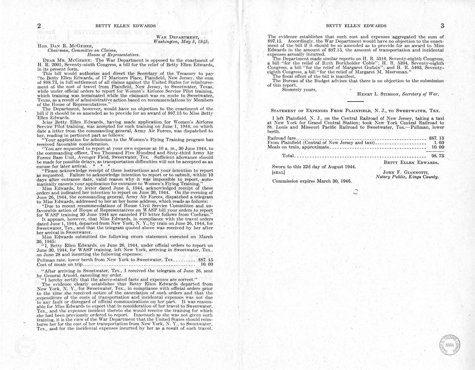 Memorandum from Frederick J. Bailey to M. C. Latta, H.R. 2001, for the Relief of Betty Ellen Edwards, with Attachments