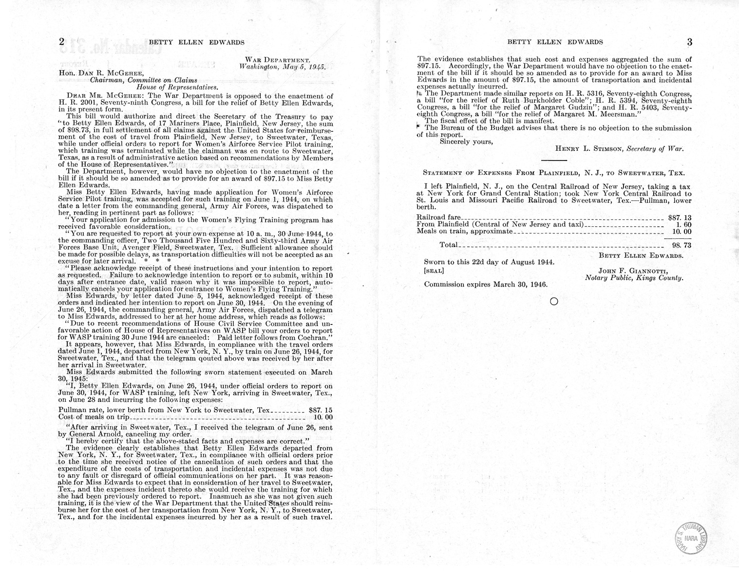 Memorandum from Frederick J. Bailey to M. C. Latta, H.R. 2001, for the Relief of Betty Ellen Edwards, with Attachments