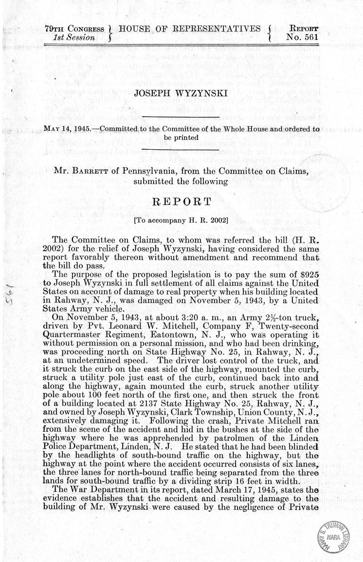 Memorandum from Frederick J. Bailey to M. C. Latta, H.R. 2002, For the Relief of Joseph Wyzynski, with Attachments