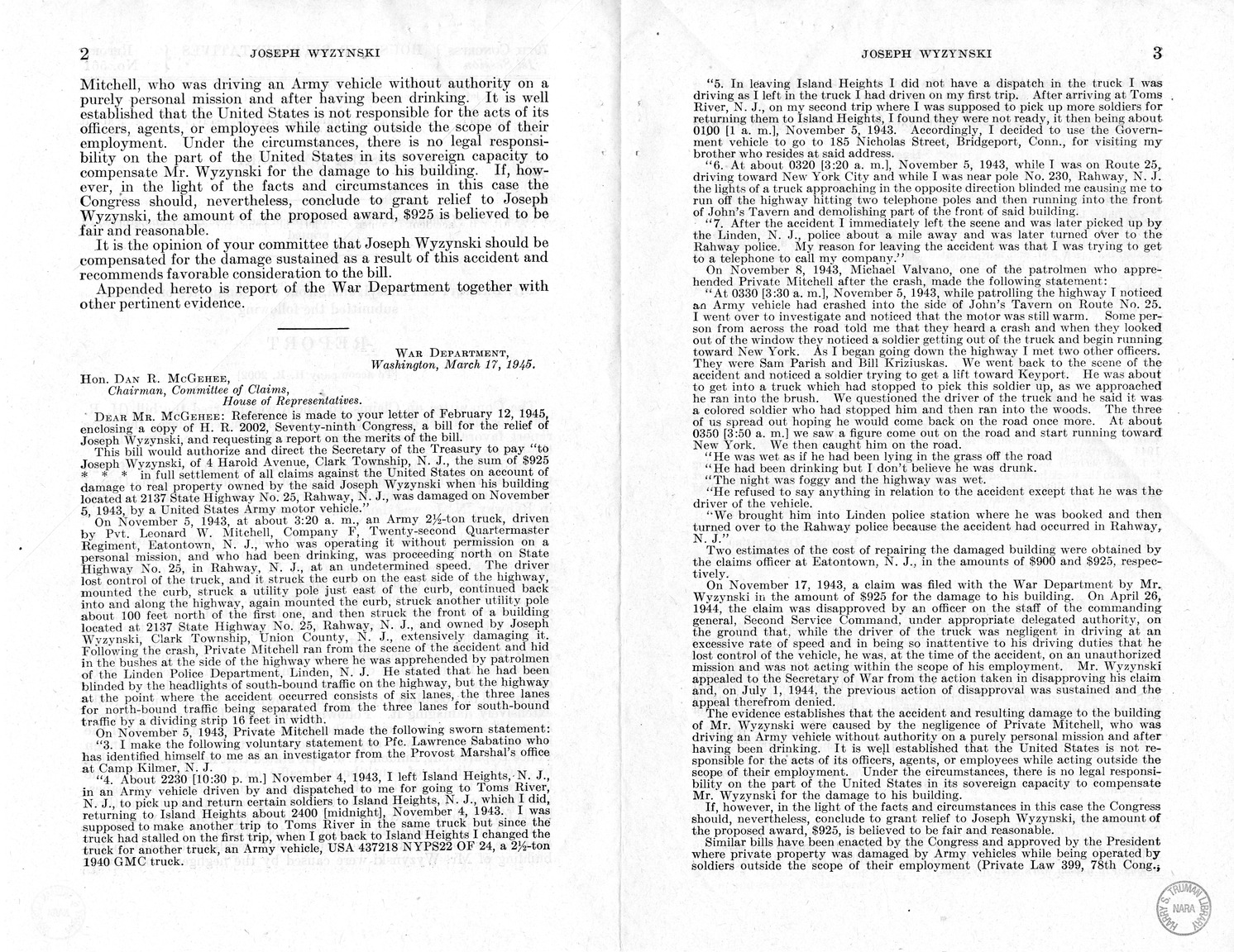 Memorandum from Frederick J. Bailey to M. C. Latta, H.R. 2002, For the Relief of Joseph Wyzynski, with Attachments
