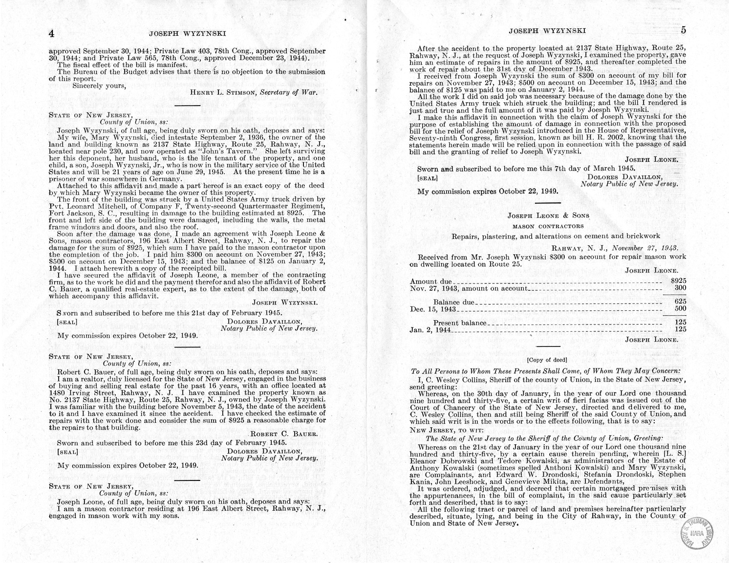 Memorandum from Frederick J. Bailey to M. C. Latta, H.R. 2002, For the Relief of Joseph Wyzynski, with Attachments