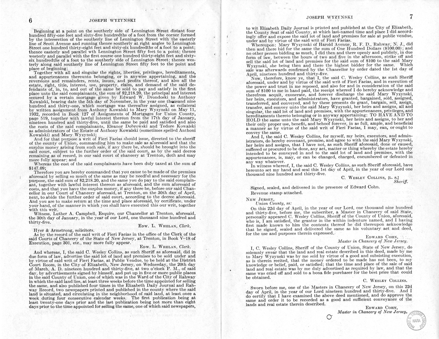 Memorandum from Frederick J. Bailey to M. C. Latta, H.R. 2002, For the Relief of Joseph Wyzynski, with Attachments