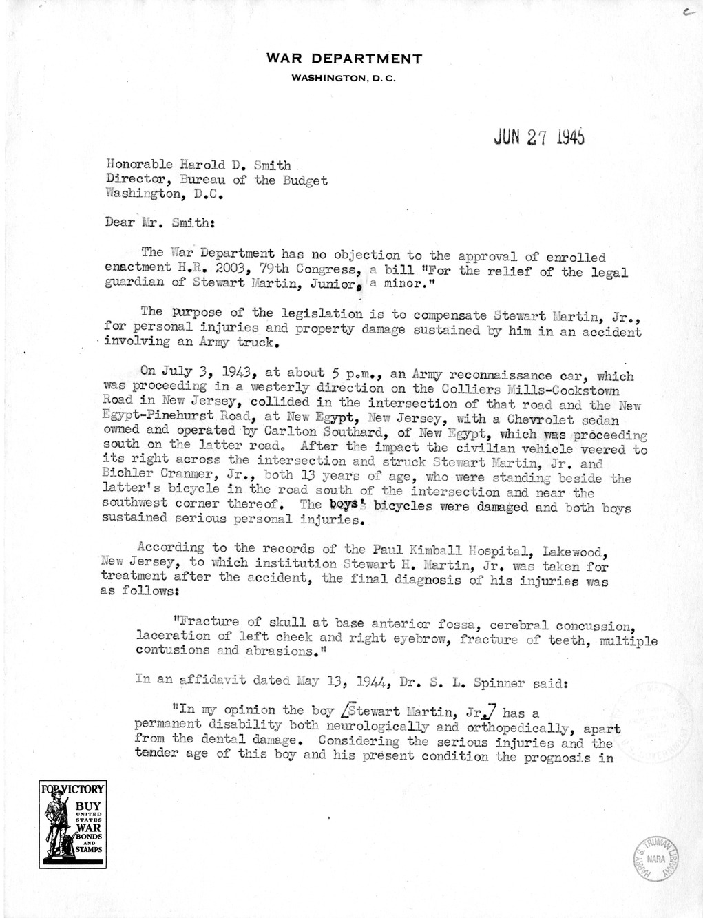 Memorandum from Frederick J. Bailey to M. C. Latta, H.R. 2003, For the Relief of the Legal Guardian of Stewart Martin, Junior, a Minor, with Attachments