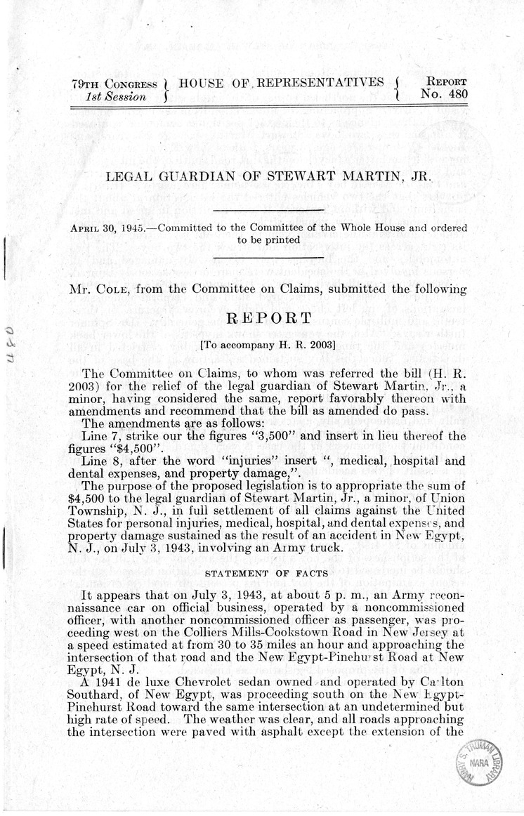 Memorandum from Frederick J. Bailey to M. C. Latta, H.R. 2003, For the Relief of the Legal Guardian of Stewart Martin, Junior, a Minor, with Attachments