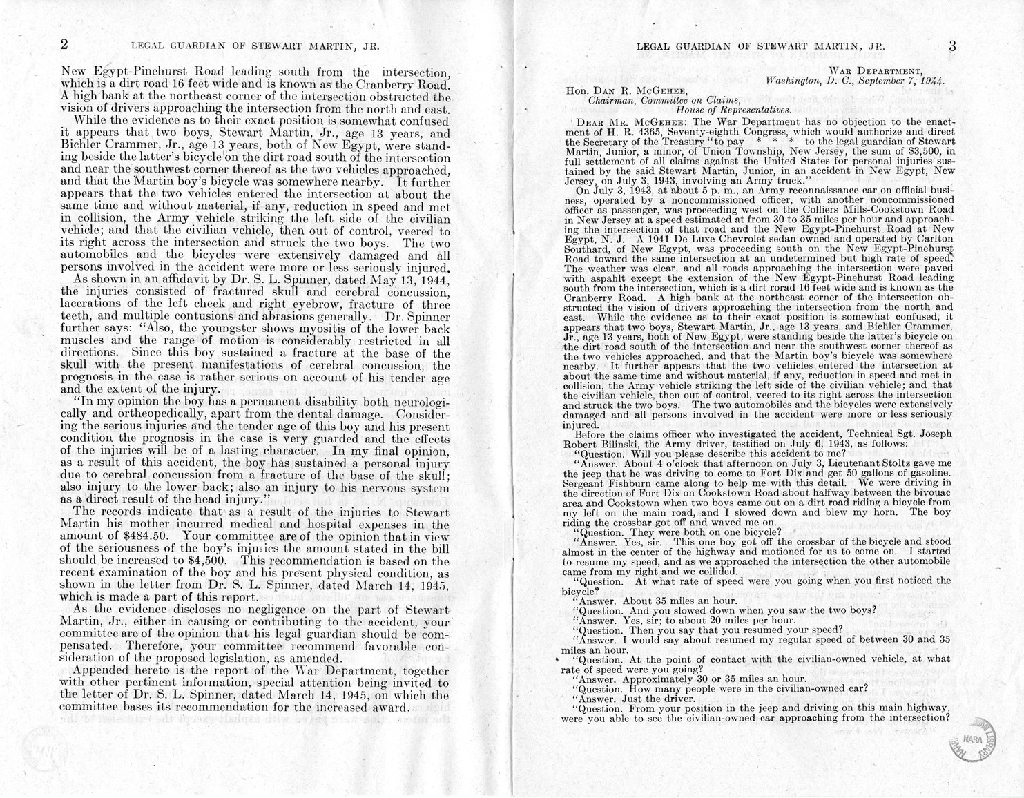 Memorandum from Frederick J. Bailey to M. C. Latta, H.R. 2003, For the Relief of the Legal Guardian of Stewart Martin, Junior, a Minor, with Attachments