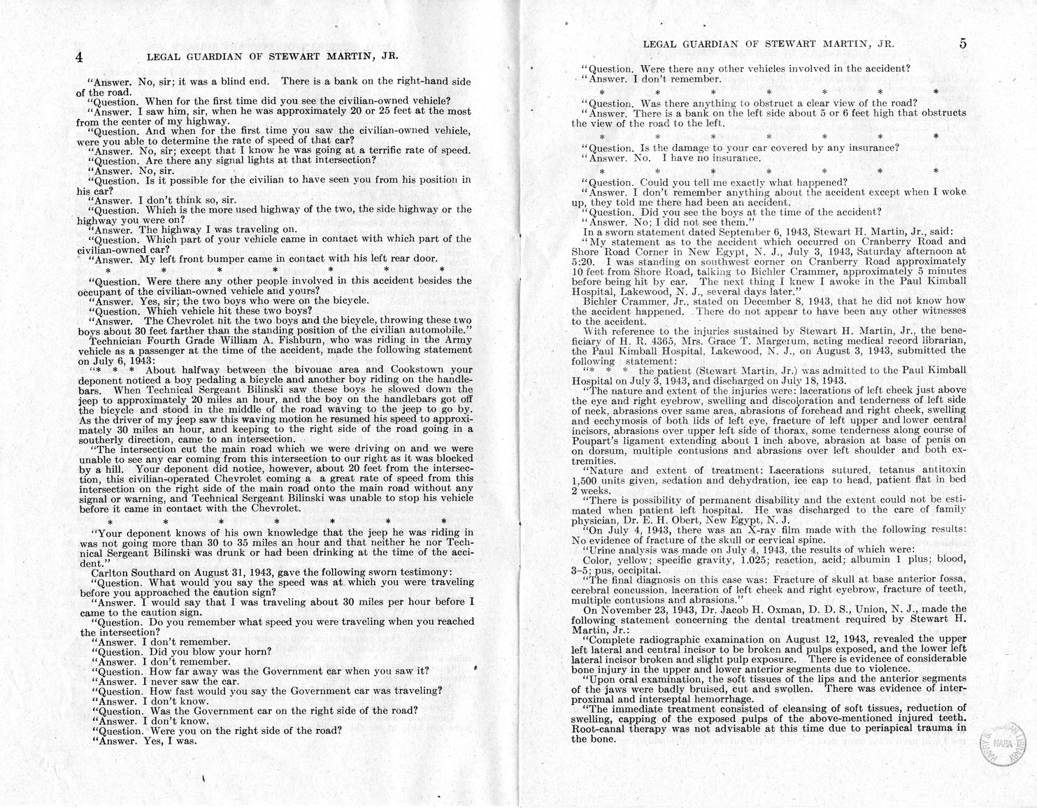 Memorandum from Frederick J. Bailey to M. C. Latta, H.R. 2003, For the Relief of the Legal Guardian of Stewart Martin, Junior, a Minor, with Attachments