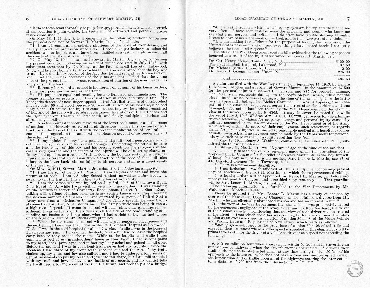 Memorandum from Frederick J. Bailey to M. C. Latta, H.R. 2003, For the Relief of the Legal Guardian of Stewart Martin, Junior, a Minor, with Attachments