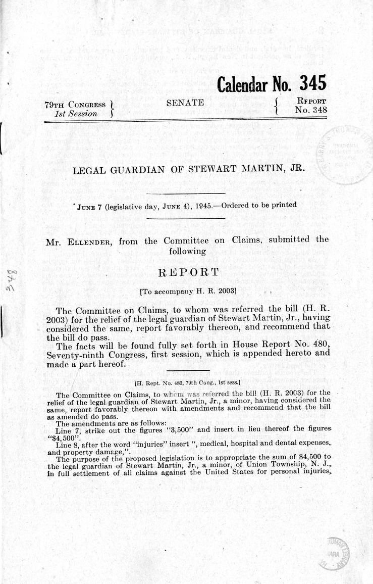 Memorandum from Frederick J. Bailey to M. C. Latta, H.R. 2003, For the Relief of the Legal Guardian of Stewart Martin, Junior, a Minor, with Attachments
