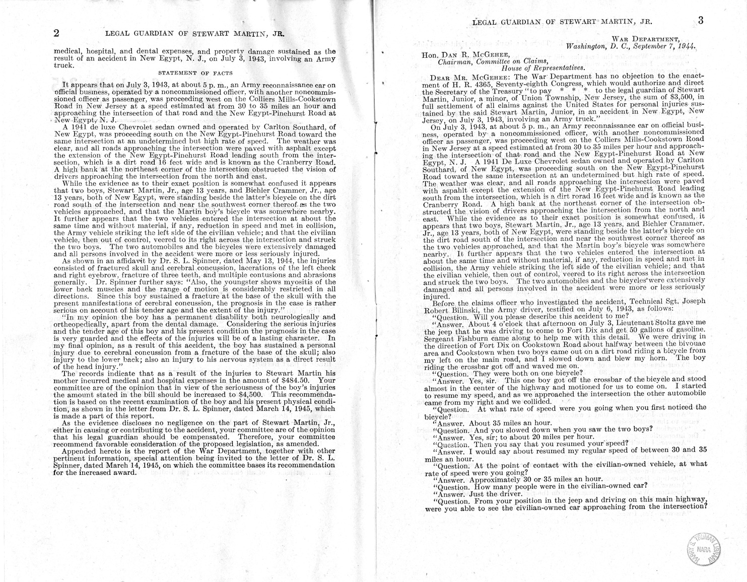 Memorandum from Frederick J. Bailey to M. C. Latta, H.R. 2003, For the Relief of the Legal Guardian of Stewart Martin, Junior, a Minor, with Attachments