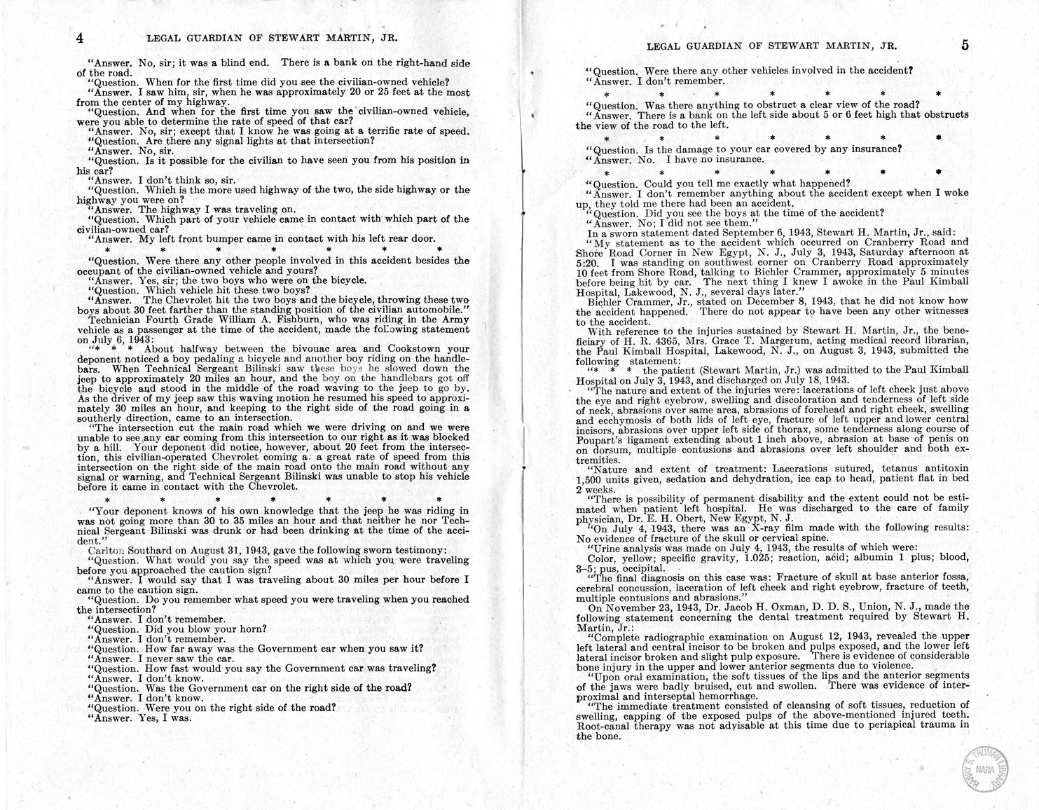 Memorandum from Frederick J. Bailey to M. C. Latta, H.R. 2003, For the Relief of the Legal Guardian of Stewart Martin, Junior, a Minor, with Attachments