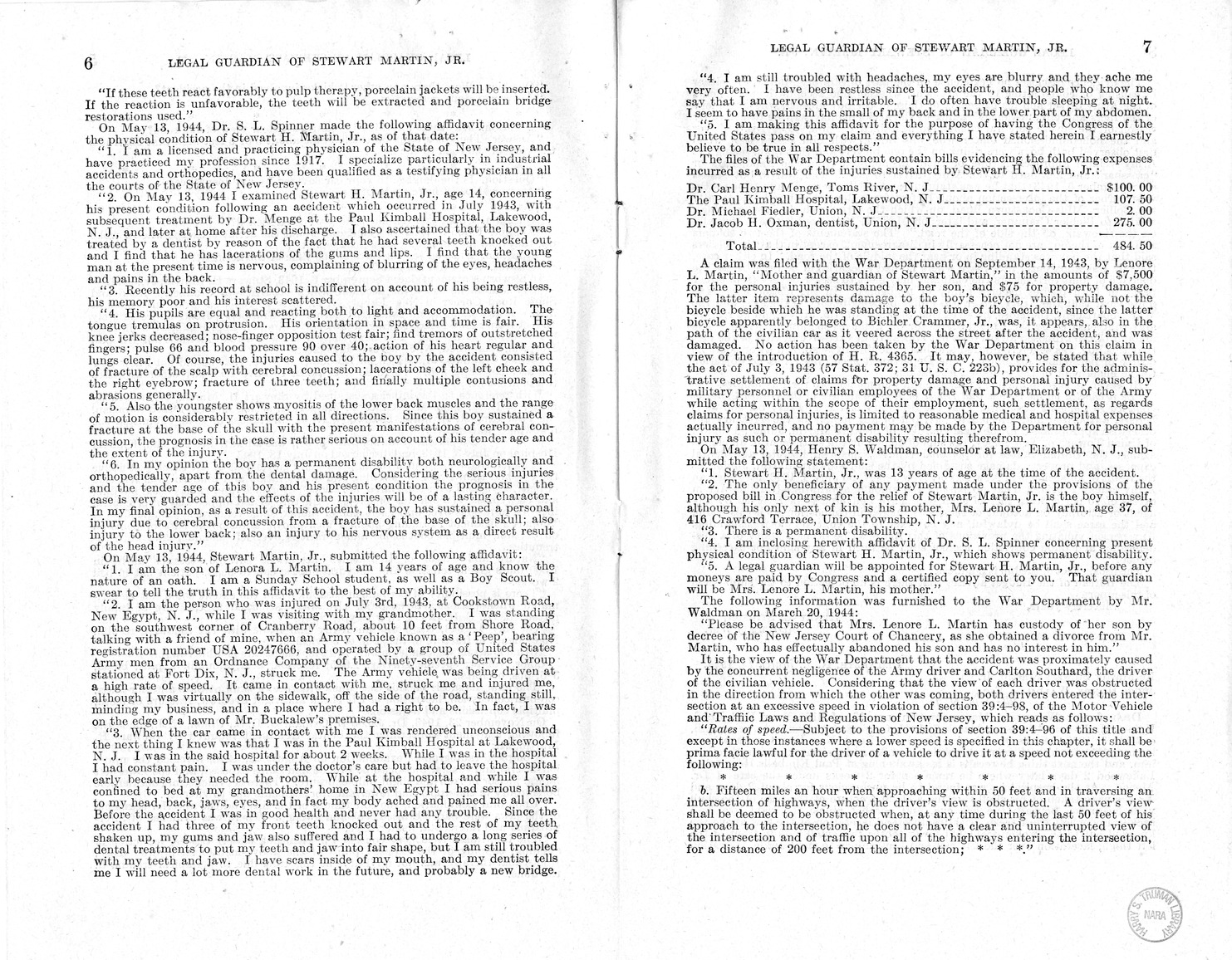 Memorandum from Frederick J. Bailey to M. C. Latta, H.R. 2003, For the Relief of the Legal Guardian of Stewart Martin, Junior, a Minor, with Attachments