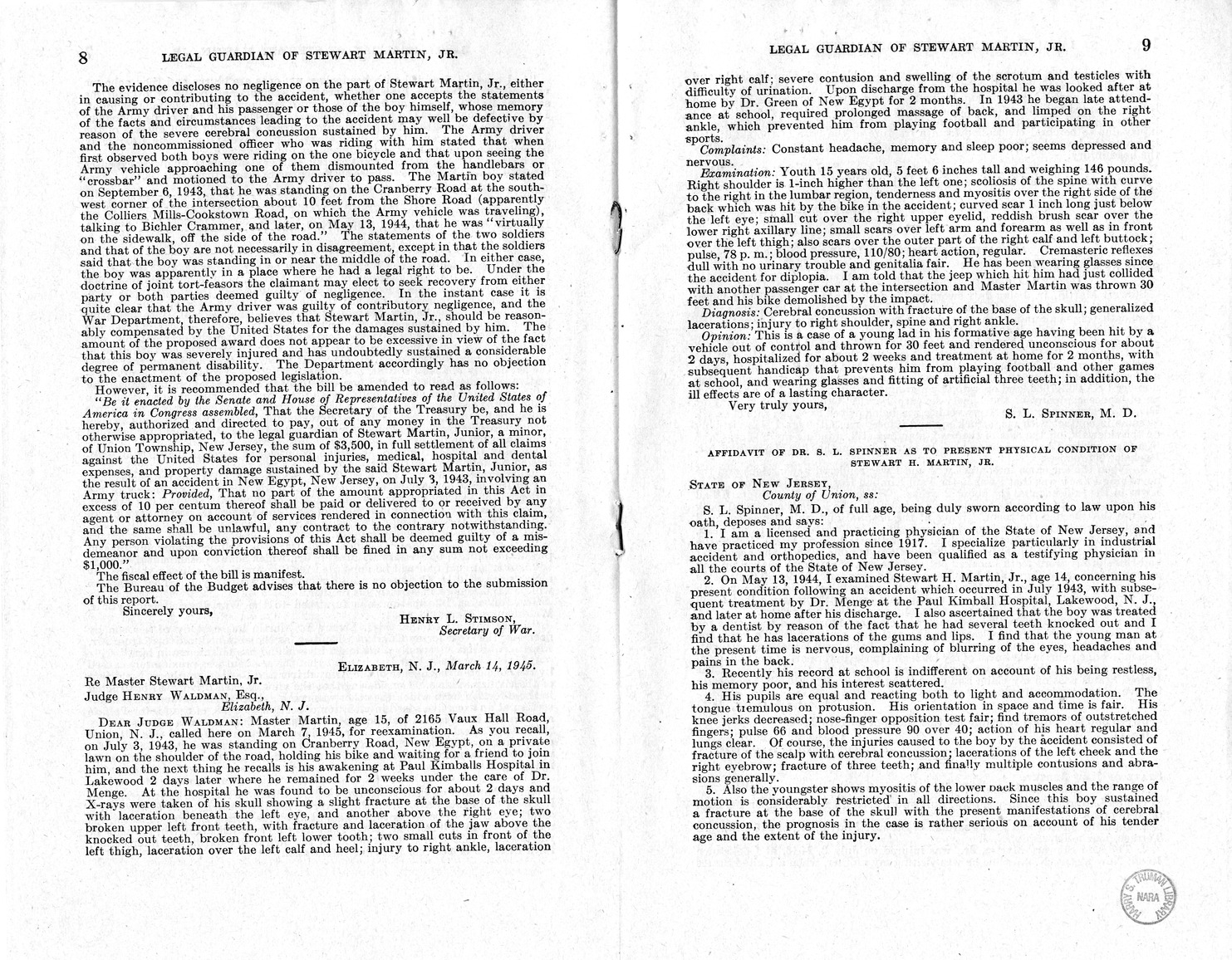 Memorandum from Frederick J. Bailey to M. C. Latta, H.R. 2003, For the Relief of the Legal Guardian of Stewart Martin, Junior, a Minor, with Attachments