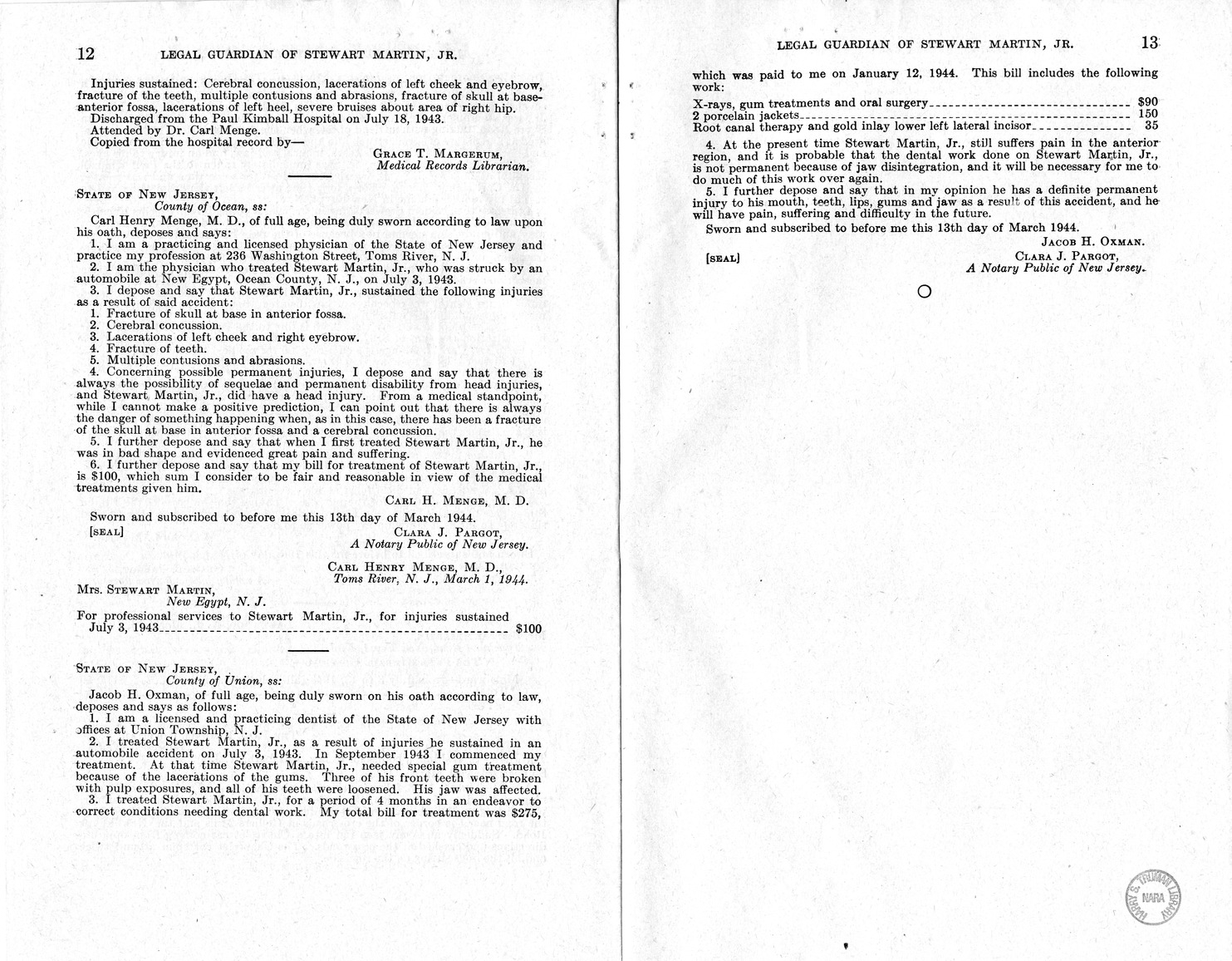 Memorandum from Frederick J. Bailey to M. C. Latta, H.R. 2003, For the Relief of the Legal Guardian of Stewart Martin, Junior, a Minor, with Attachments